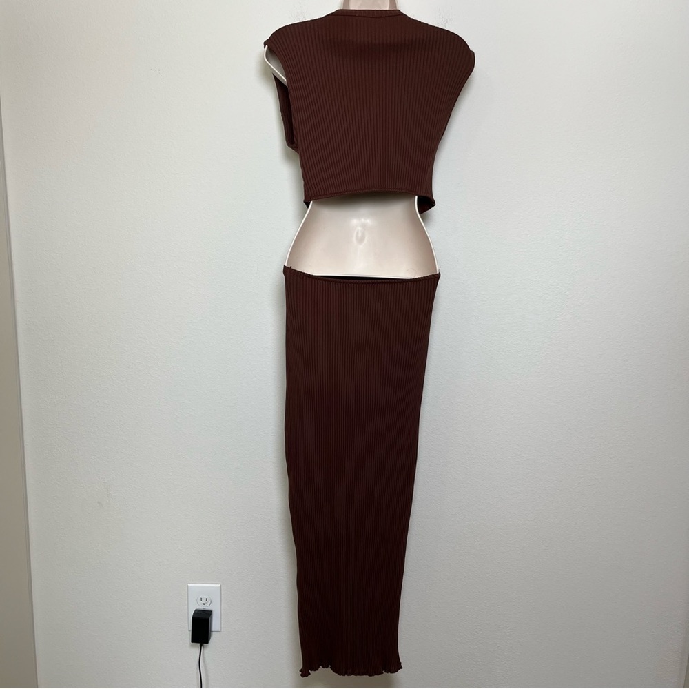 NEW Zara Women Cut Out Maxi Dress Medium Chocolate Brown Rib Knit Sleeveless - Picture 10 of 12